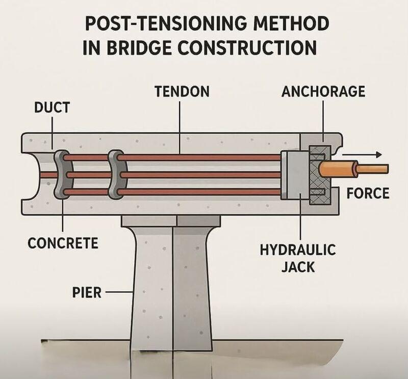 Post-tensioning is a method used in bridge construction to enhance the strength and durability of concrete structures by applying a compressive force after the concrete has been poured and hardened… | Arman Khan